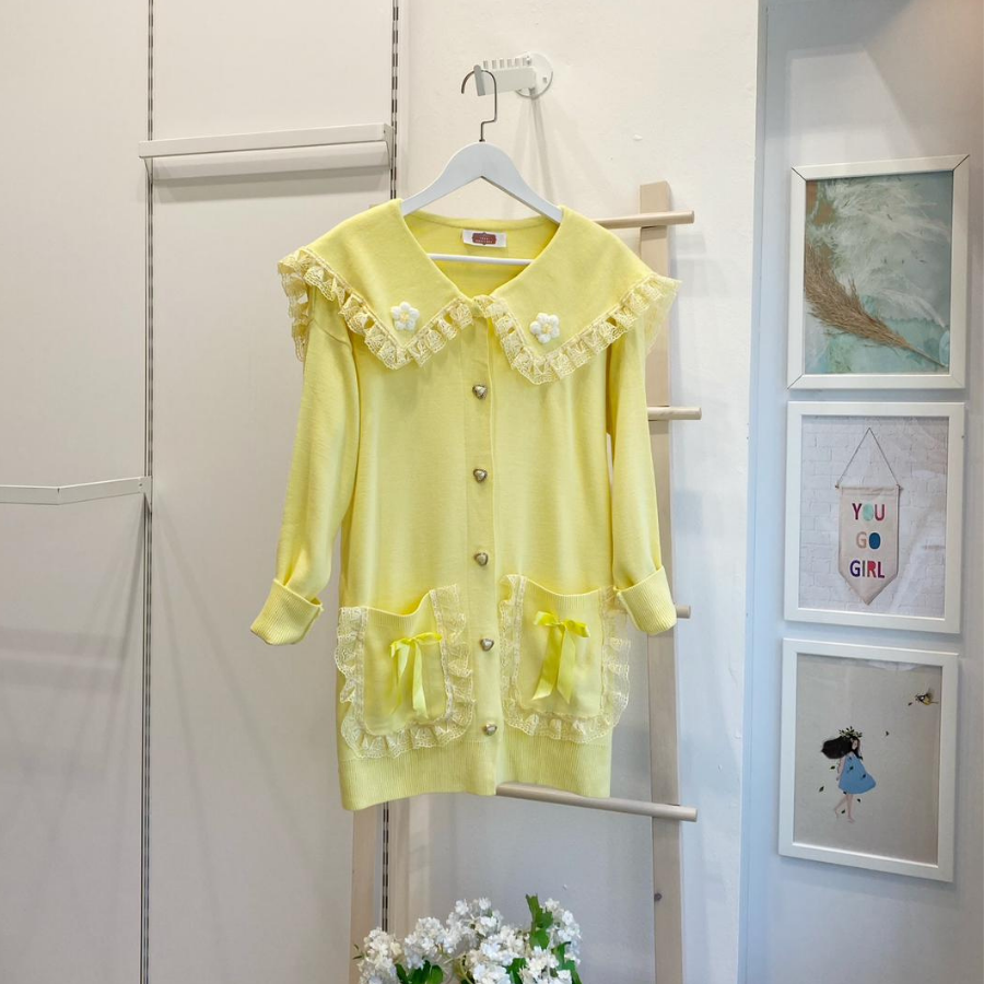 Papatya Motifli Dantel Detaylı Sarı Hırka