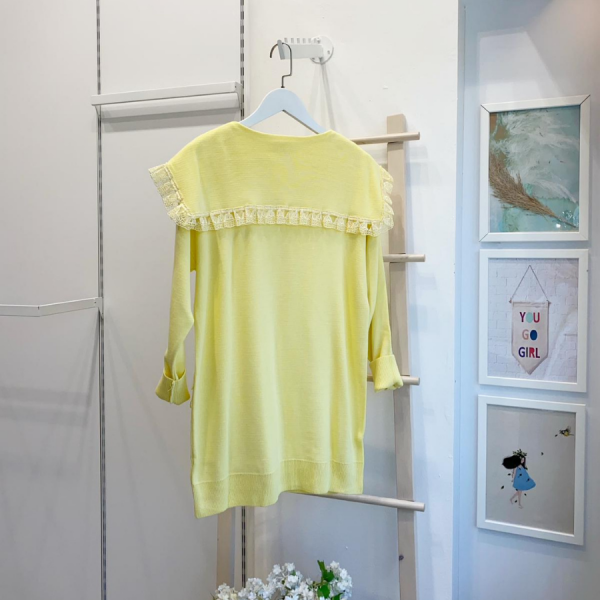 Papatya Motifli Dantel Detaylı Sarı Hırka