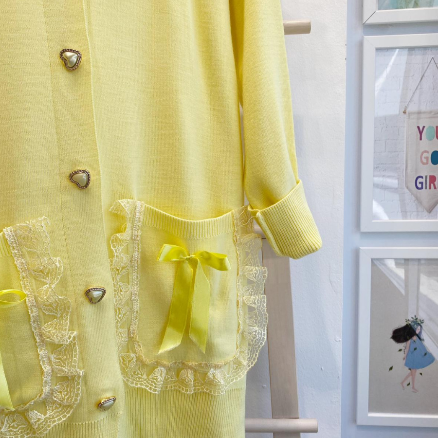 Papatya Motifli Dantel Detaylı Sarı Hırka