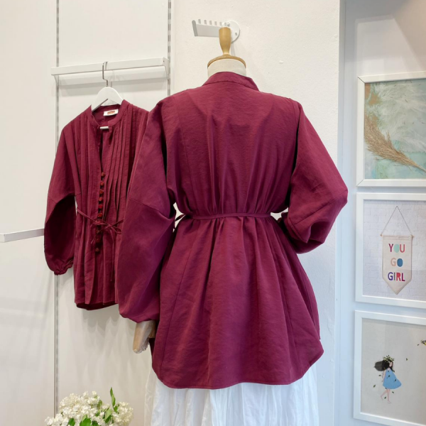 Vişne Rengi Nervür Dikişli modal Tunik