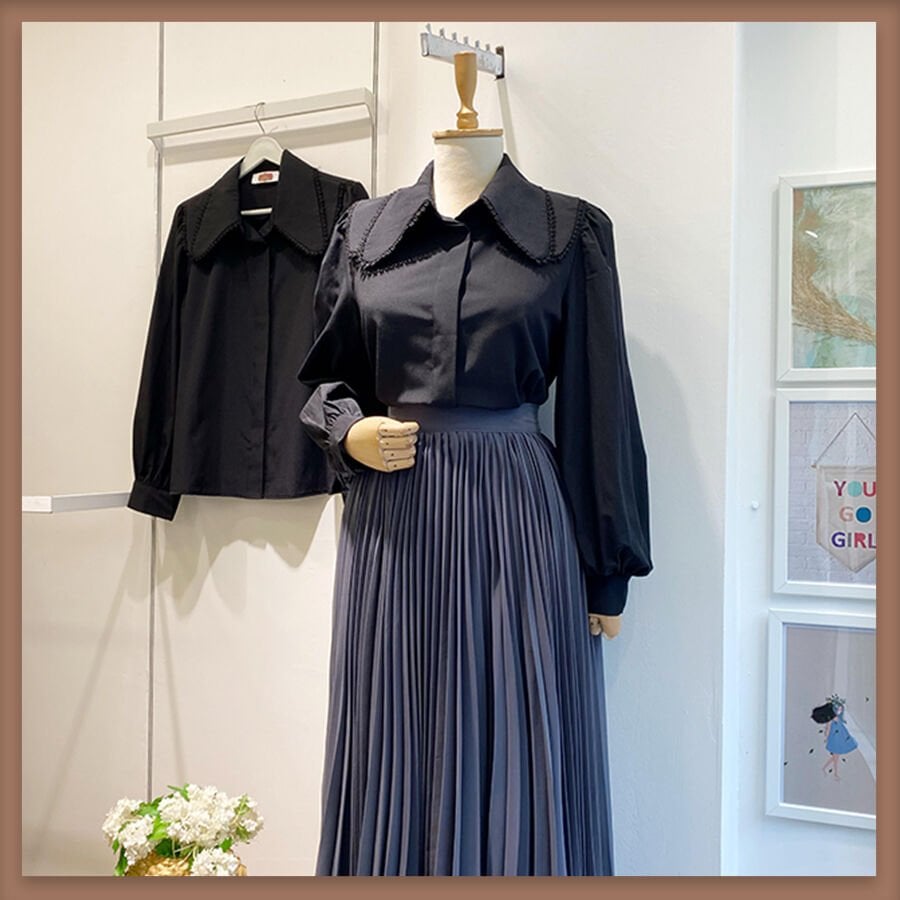 Siyah çift yakalı poplin gömlek