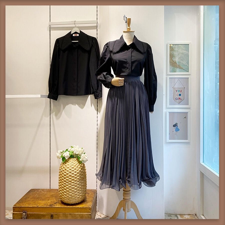 Siyah çift yakalı poplin gömlek