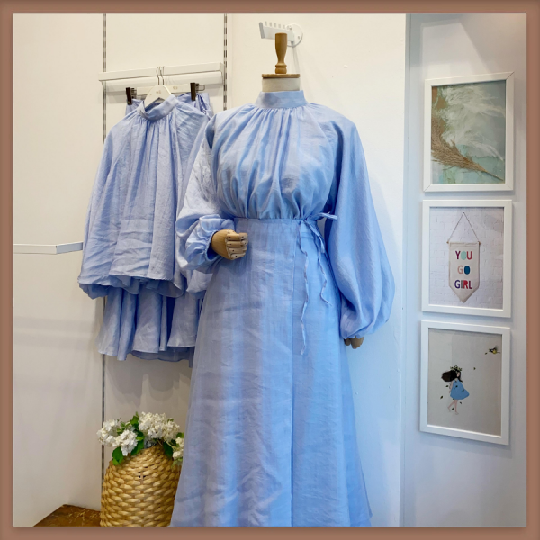 Dalgalı Şifon Kumaş Bebe Mavisi Balon Kol Takım