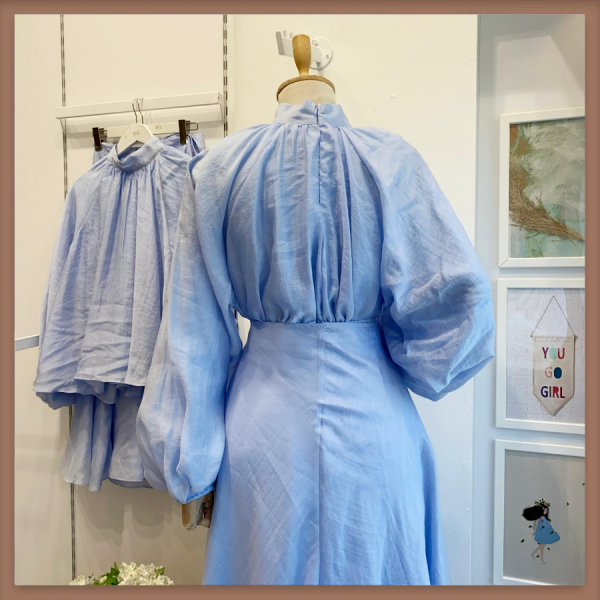 Dalgalı Şifon Kumaş Bebe Mavisi Balon Kol Takım