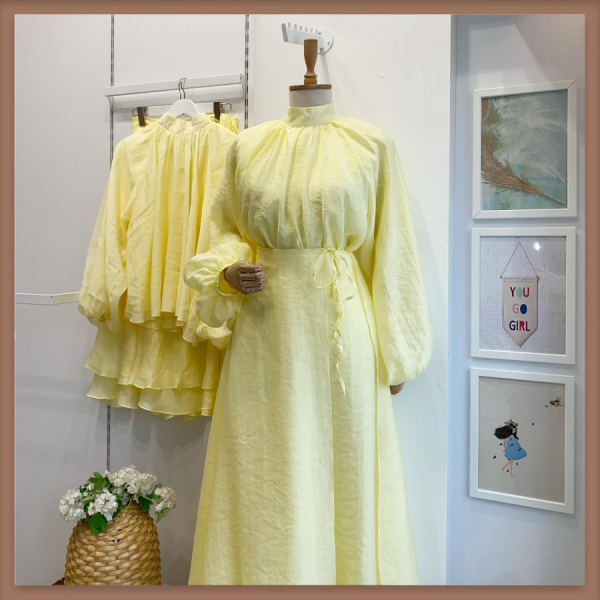 Dalgalı Şifon Kumaş Sarı Balon Kol Takım