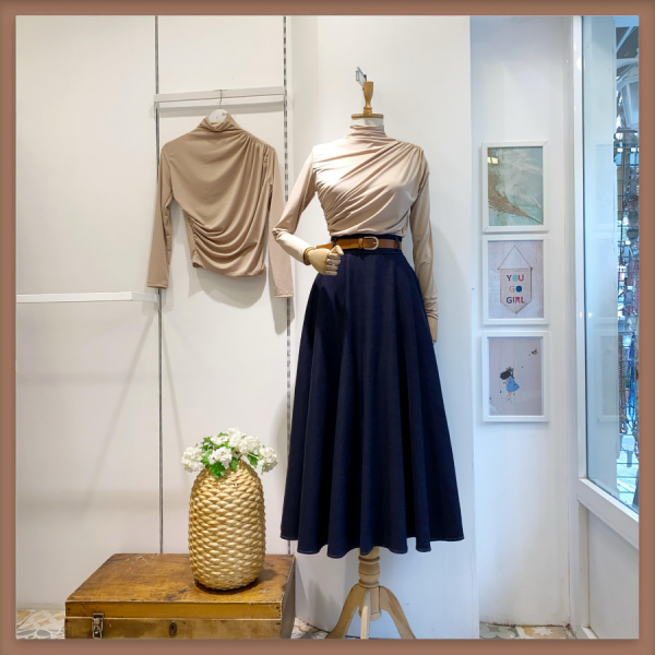 Taba Kemerli Lacivert Kloş Kot Etek