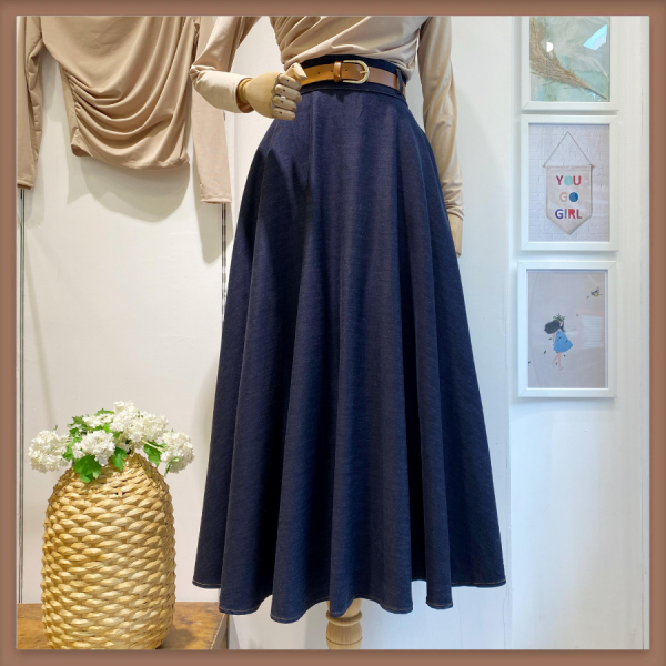 Taba Kemerli Lacivert Kloş Kot Etek