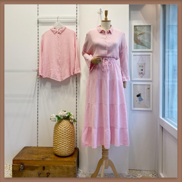 Beli İp Detaylı Pembe Müslin Etek