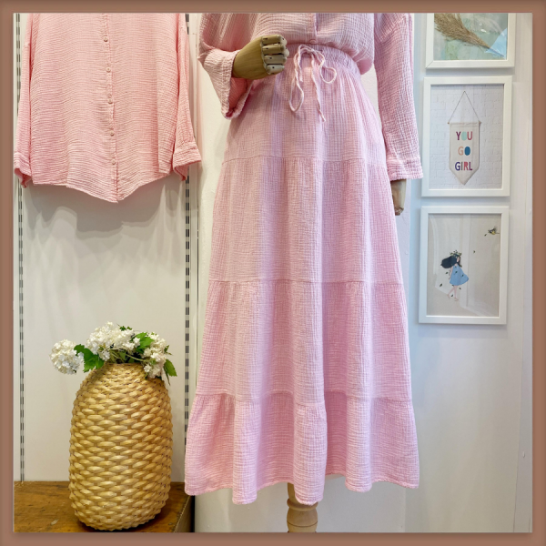 Beli İp Detaylı Pembe Müslin Etek