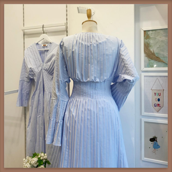 Mavi Piliseli Poplin Elbise