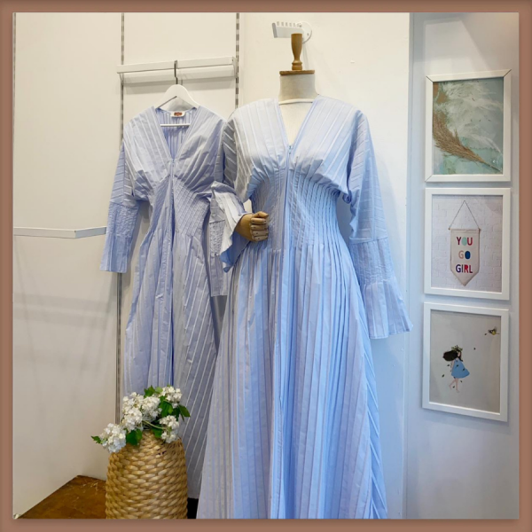 Mavi Piliseli Poplin Elbise