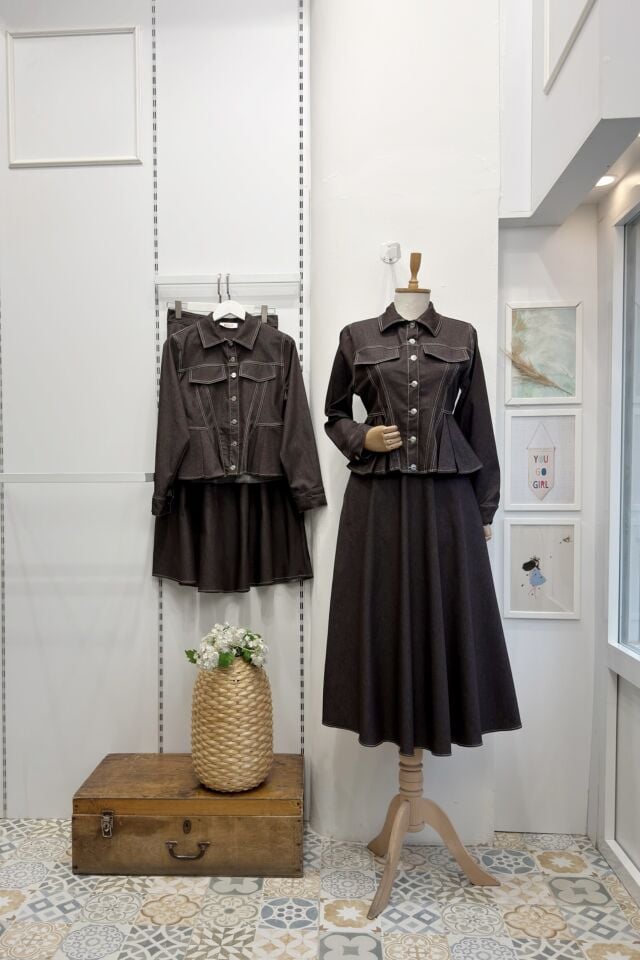 Kahverengi Pile Detaylı Plumetis Kot Takım