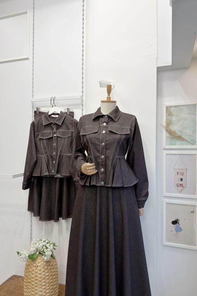 Kahverengi Pile Detaylı Plumetis Kot Takım