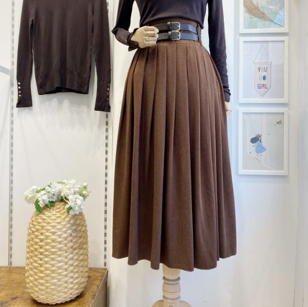 Taba Çift Kemerli Yün Efekt Etek