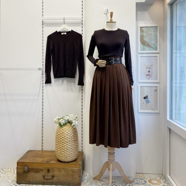 Taba Çift Kemerli Yün Efekt Etek