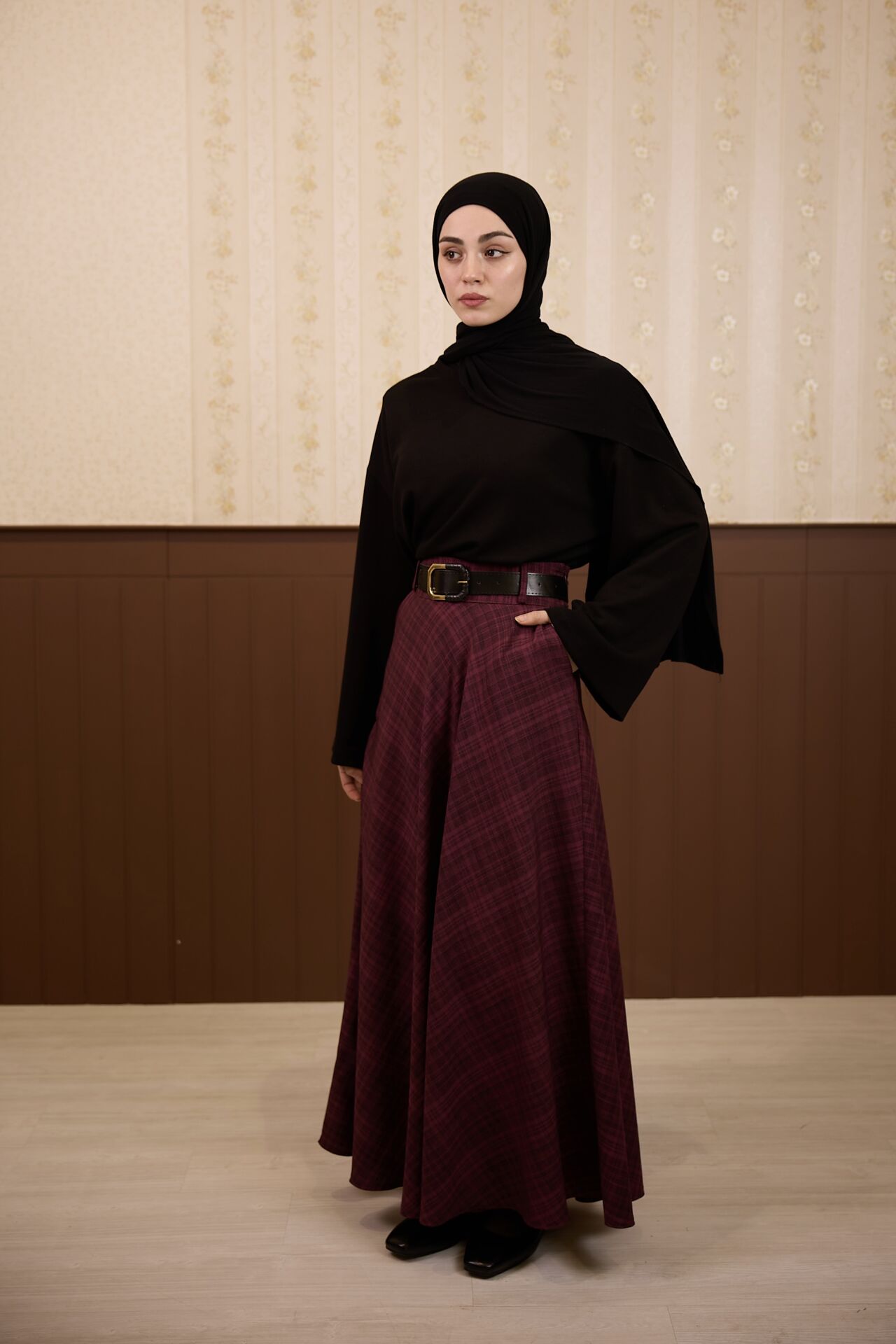 Keten Dokulu Mürdüm Ekose Desenli Loom Etek