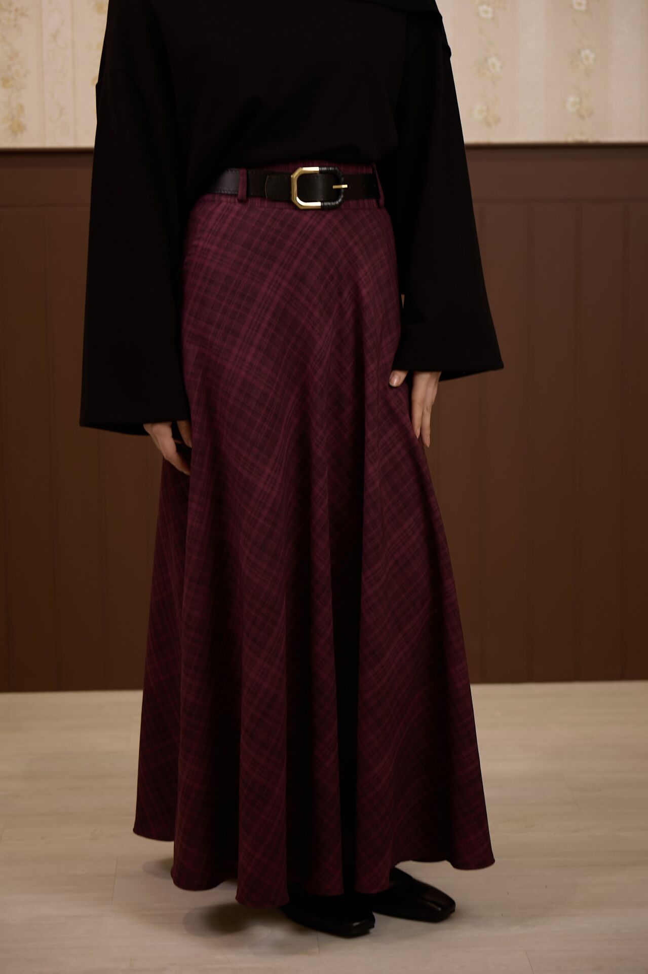 Keten Dokulu Mürdüm Ekose Desenli Loom Etek