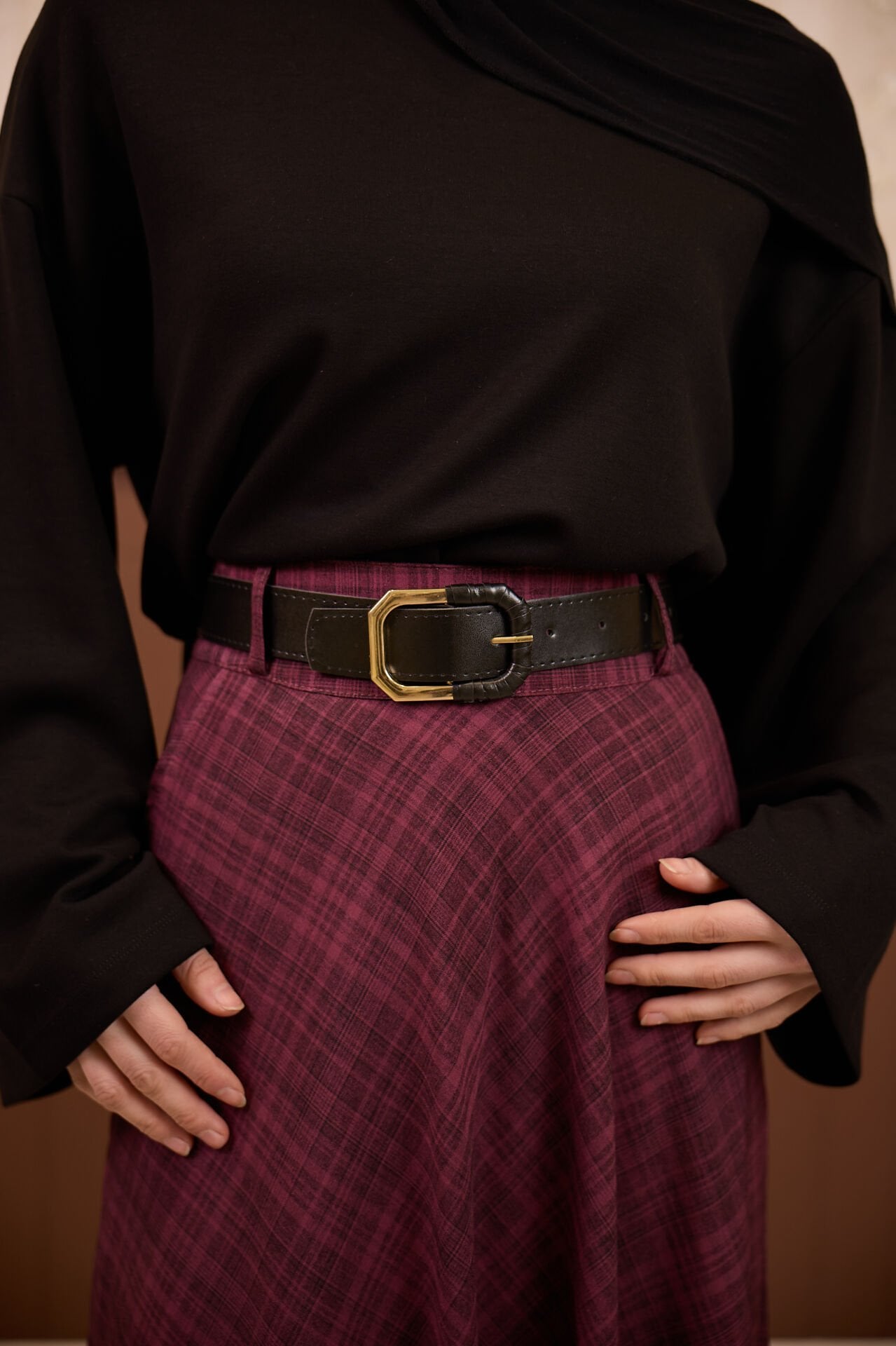 Keten Dokulu Mürdüm Ekose Desenli Loom Etek