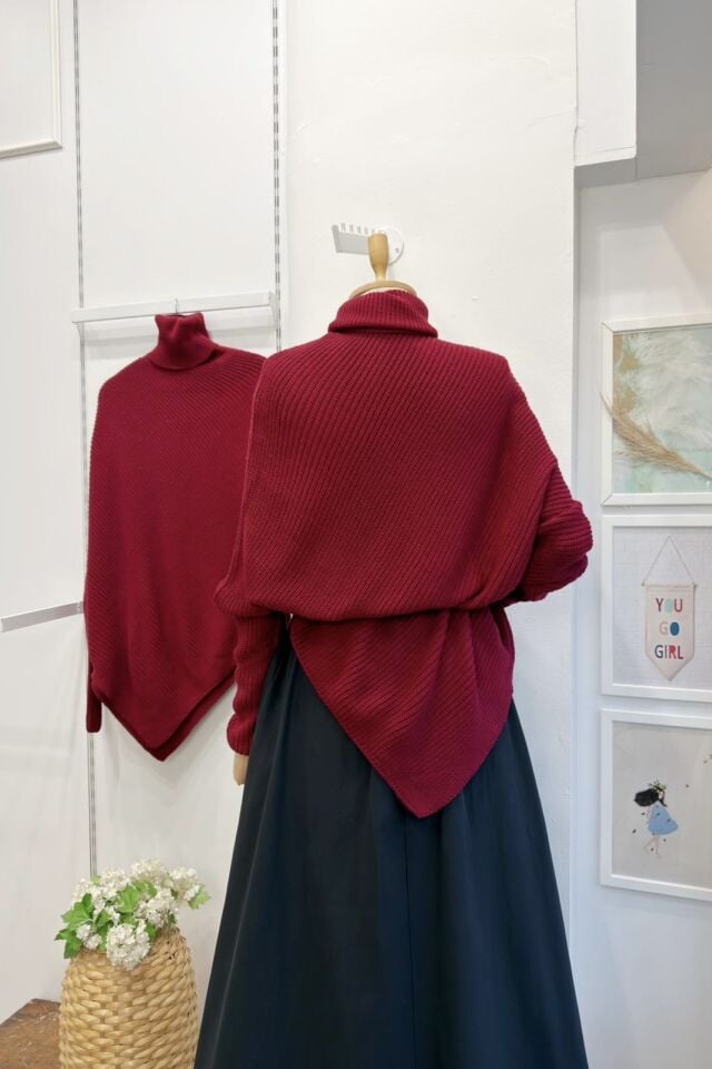 Bordo Asimetrik Kesim Triko Kazak