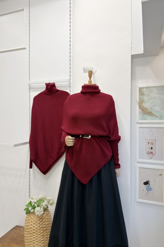 Bordo Asimetrik Kesim Triko Kazak