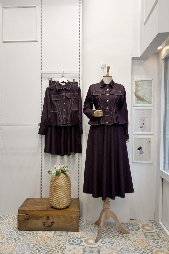 Bordo Pile Detaylı Plumetis Kot Takım