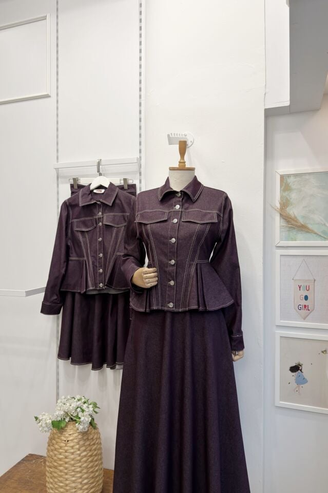 Bordo Pile Detaylı Plumetis Kot Takım