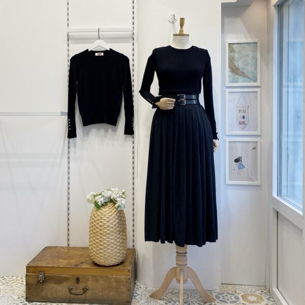 Siyah Çift Kemerli Yün Efekt Etek