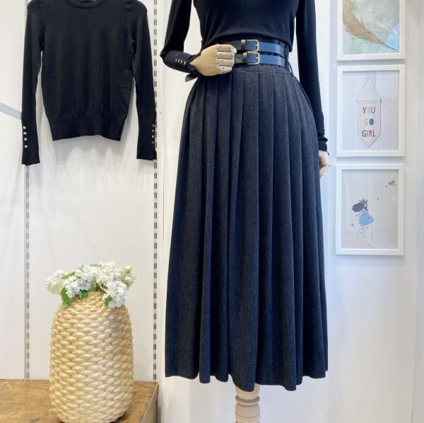 Siyah Çift Kemerli Yün Efekt Etek