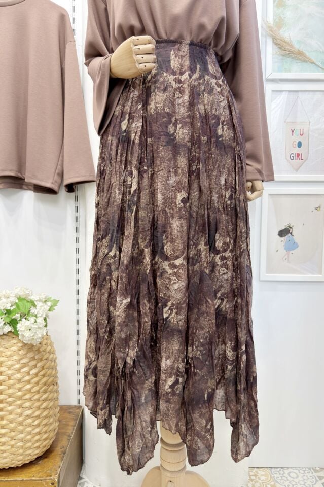 Kahverengi Ebruli Desenli Asimetrik Şifon Etek