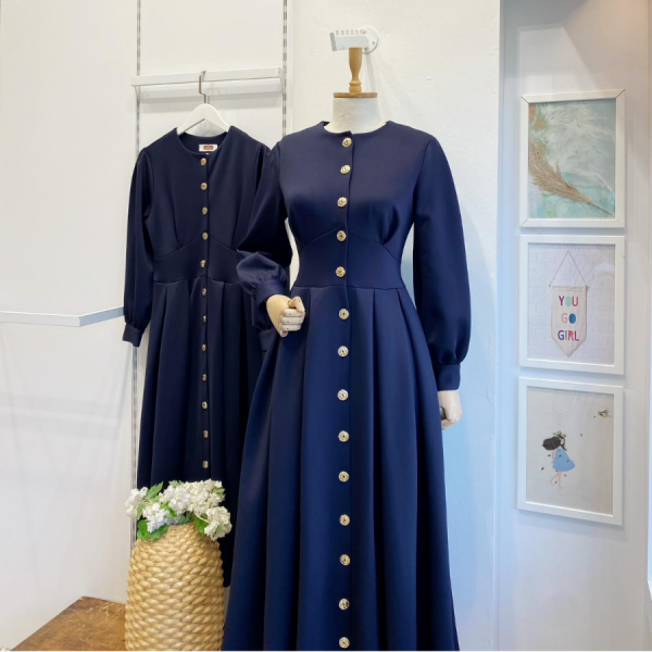 Lacivert Gold Düğmeli Scuba Elbise