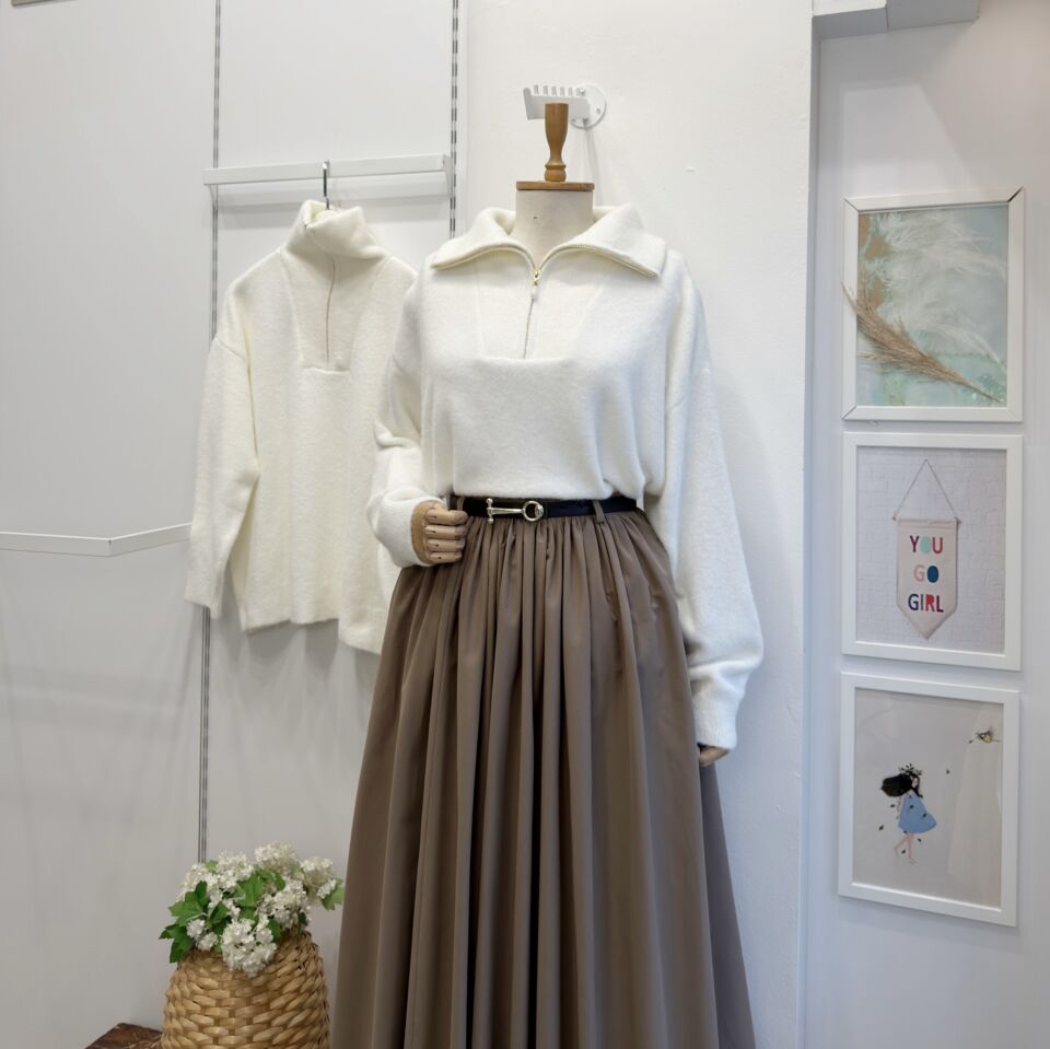 Ekru Fermuarlı Pearl Kazak