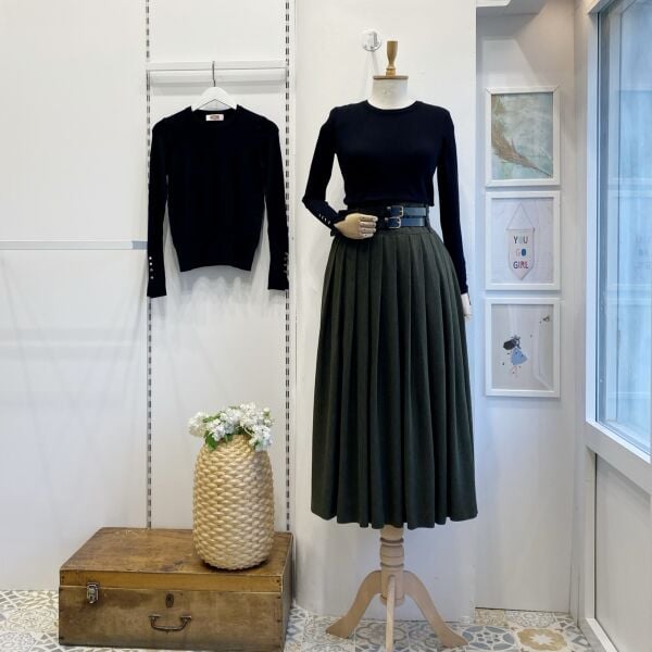 Yeşil Çift Kemerli Yün Efekt Etek