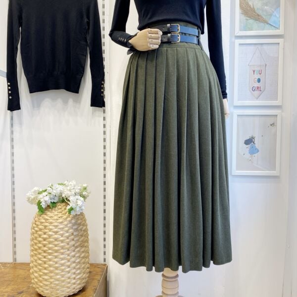 Yeşil Çift Kemerli Yün Efekt Etek