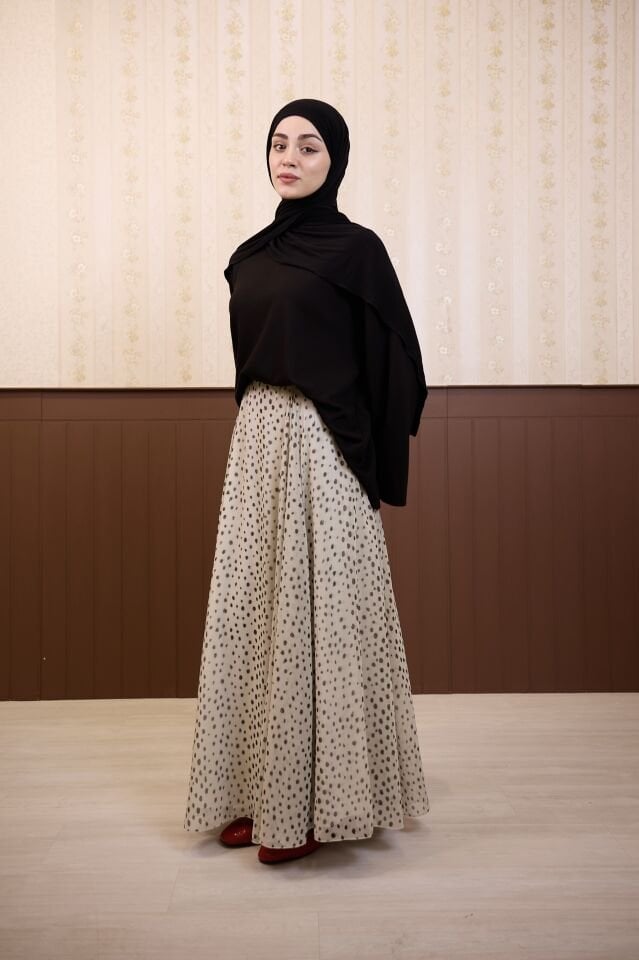 Bambi Desenli Ekru Şifon Etek