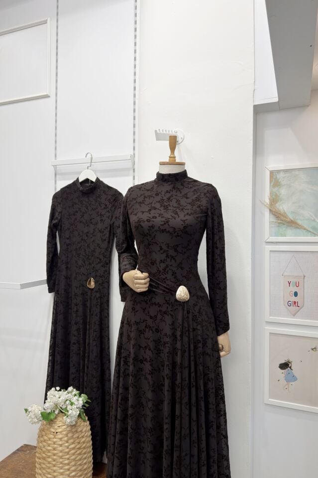 Kahverengi Mirale Tül Elbise