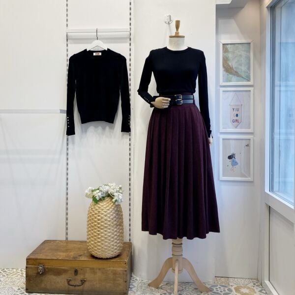 Bordo Çift Kemerli Yün Efekt Etek