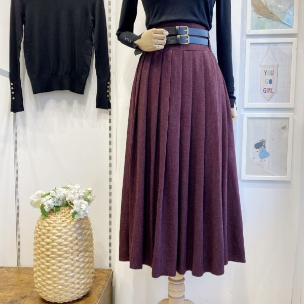 Bordo Çift Kemerli Yün Efekt Etek