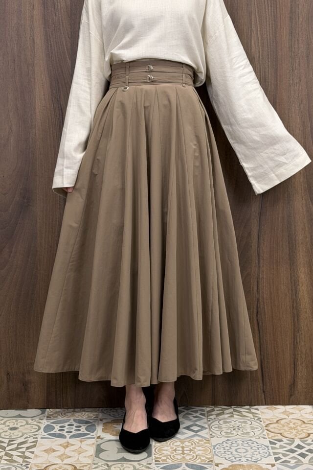 Koyu Vizon İki Kemerli Fiorite Poplin Etek