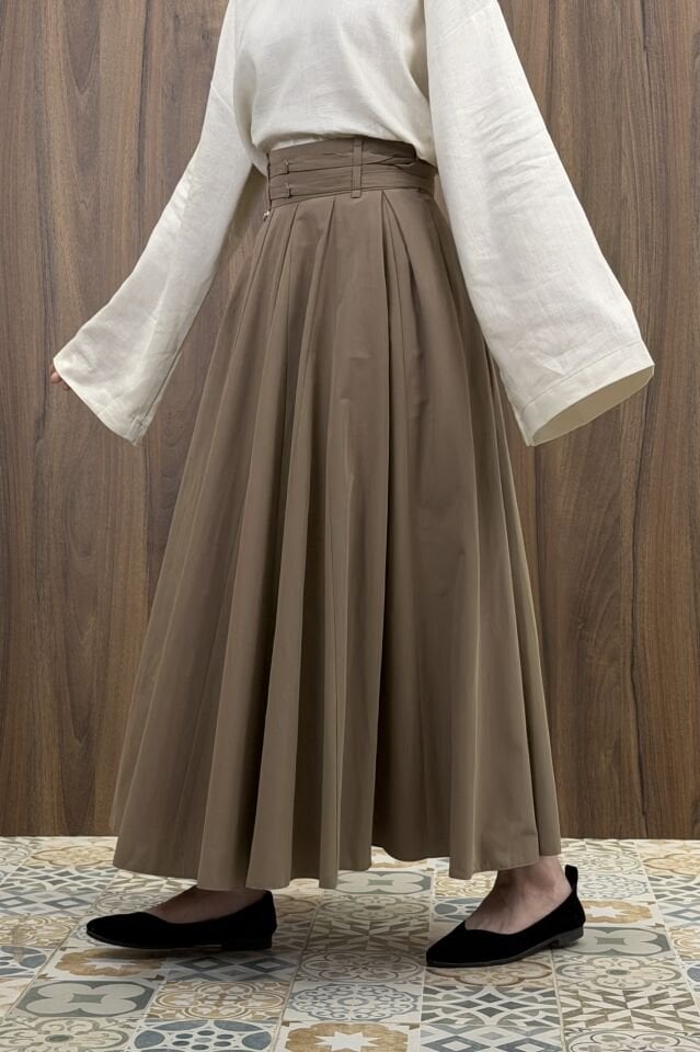 Koyu Vizon İki Kemerli Fiorite Poplin Etek