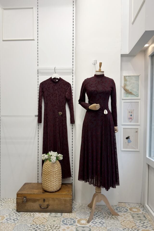 Bordo Mirale Tül Elbise