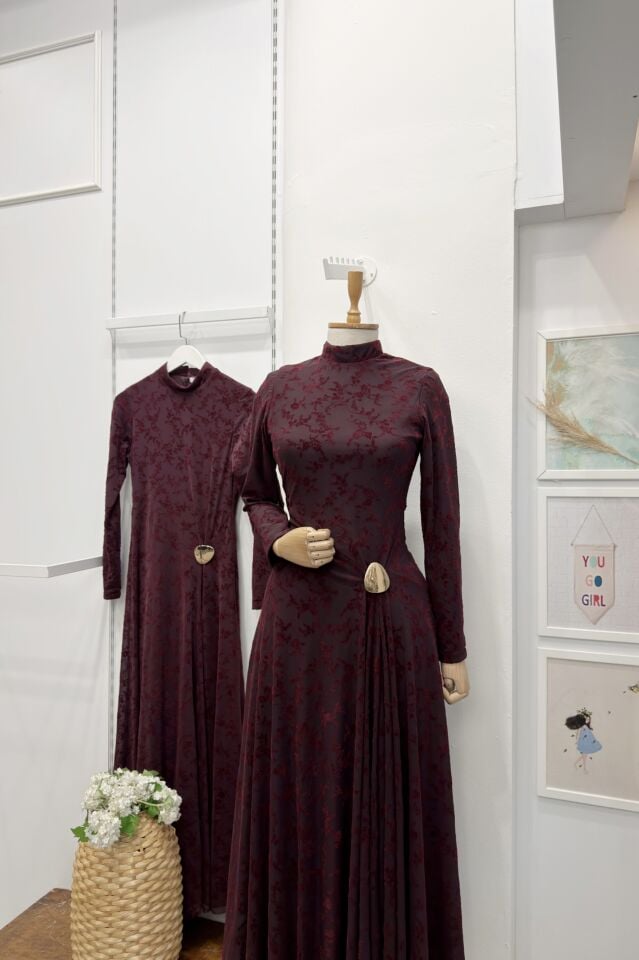 Bordo Mirale Tül Elbise