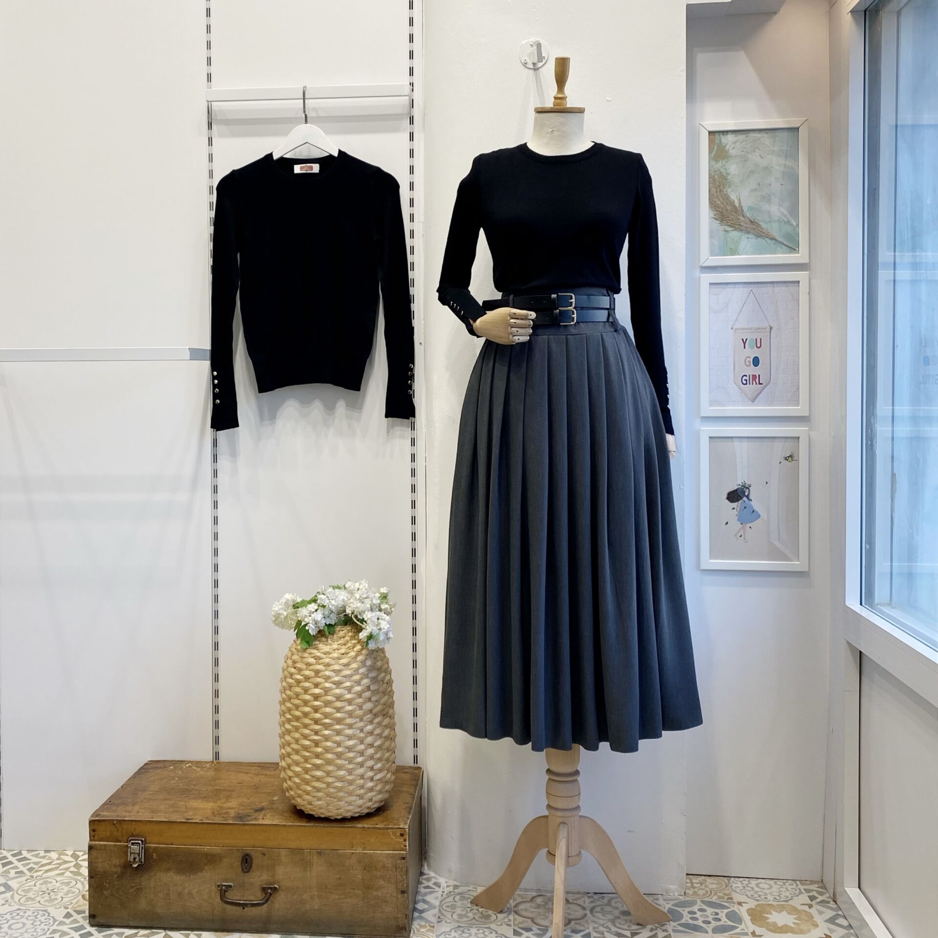 Gri Çift Kemerli Yün Efekt Etek