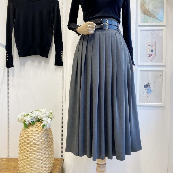 Gri Çift Kemerli Yün Efekt Etek