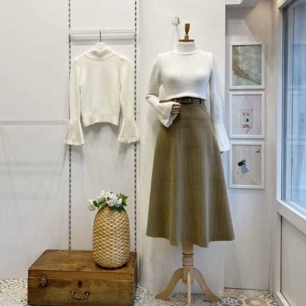 Camel Kemerli Çizgi Desenli Kaşe Etek