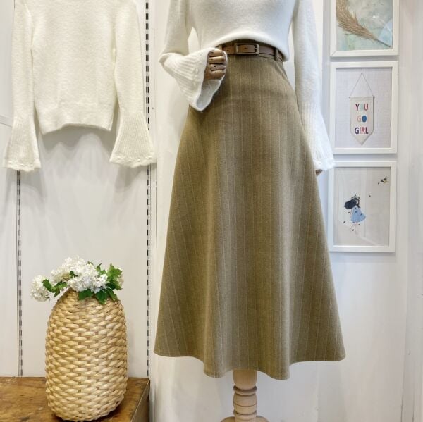 Camel Kemerli Çizgi Desenli Kaşe Etek