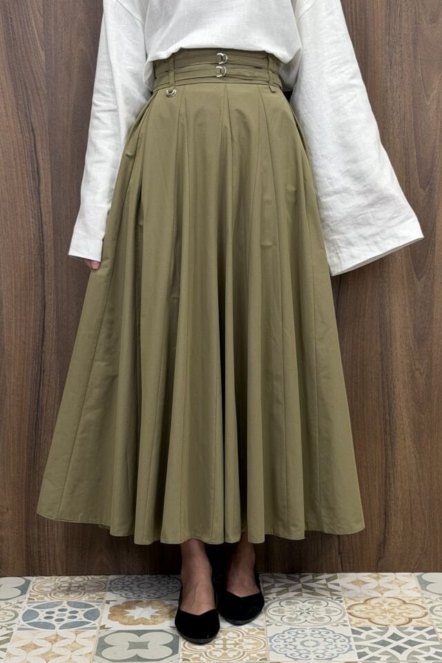 Ihlamur Yeşili İki Kemerli Fiorite Poplin Etek