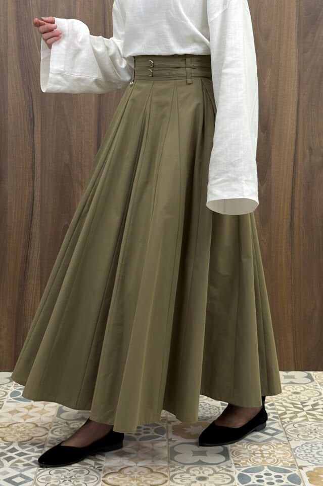 Ihlamur Yeşili İki Kemerli Fiorite Poplin Etek