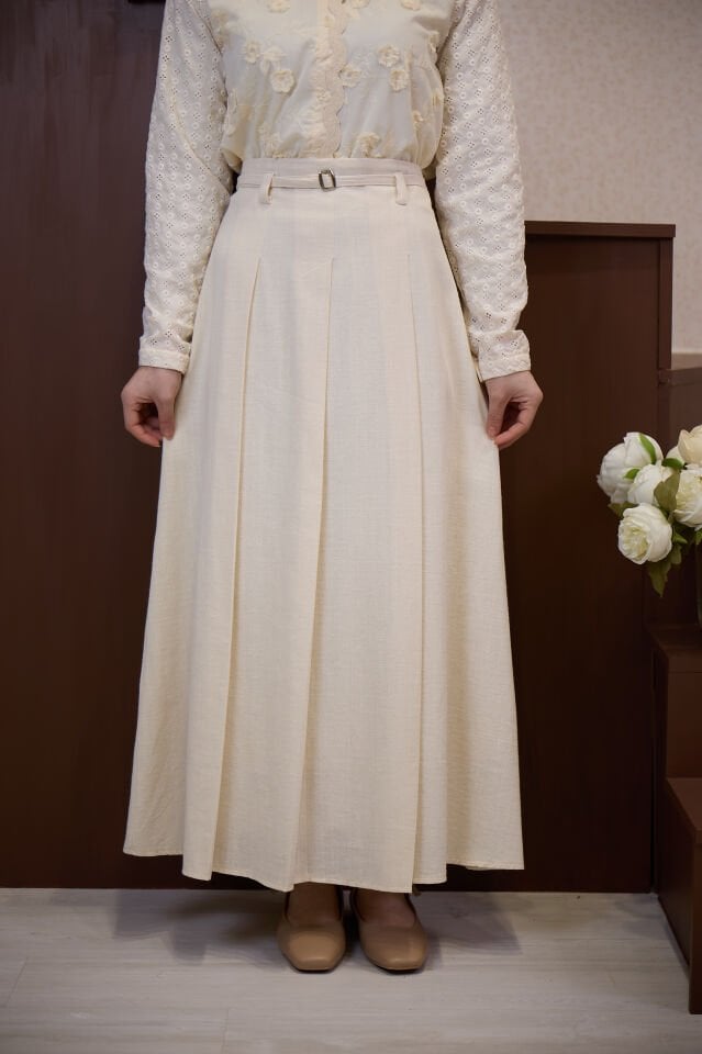 Krem Pile Detaylı Keten Etek