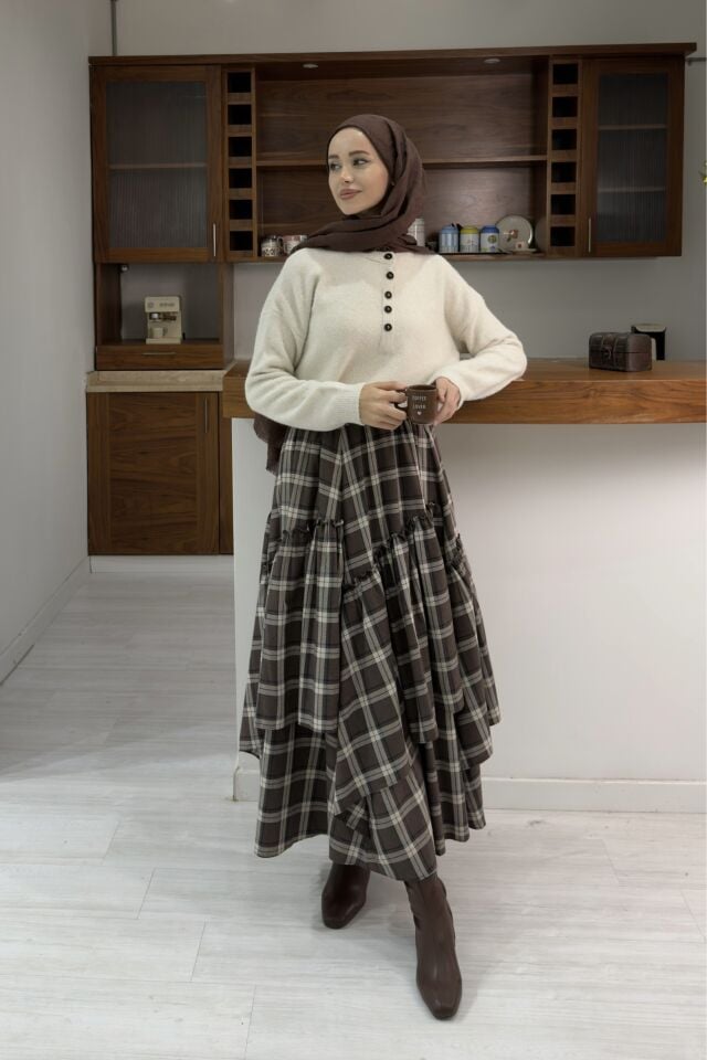 Kahve Ekose Desenli Ajouter Etek