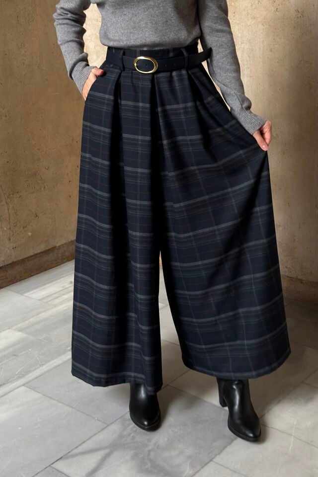 Lacivert Ekose Desenli Colette Pantolon